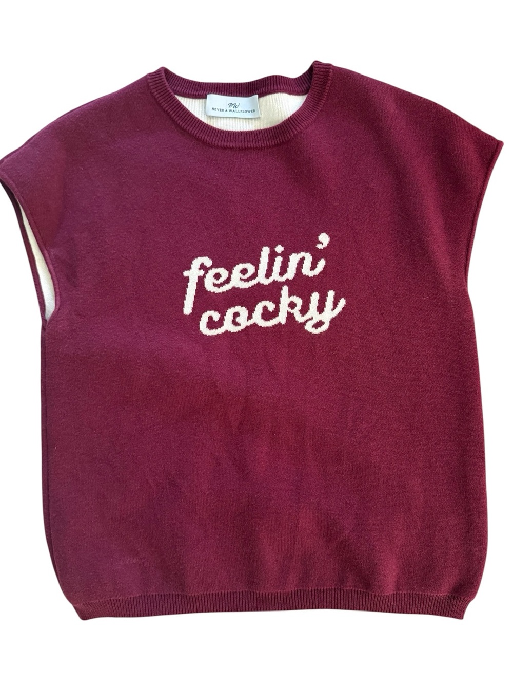 Never a wallflower “feelin’ cocky” garnet and white cotton cashmere sweater M